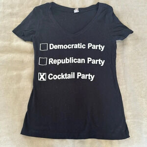 Black medium V-neck T shirt short sleeve democratic republican cocktail party